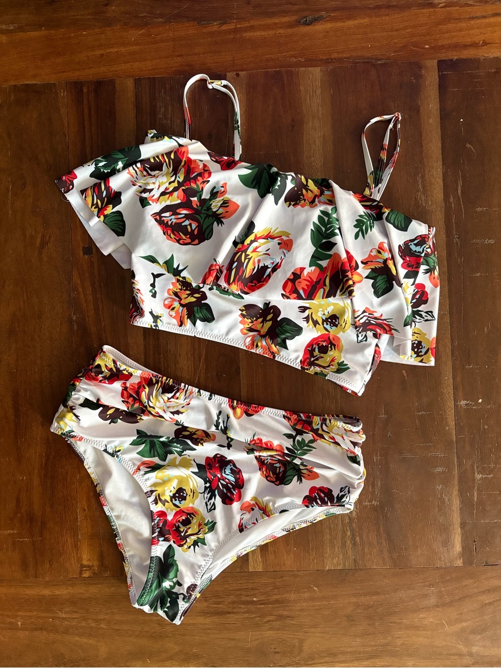 Ina White Floral Womens Bikini with Red, Yellow & Green Accents